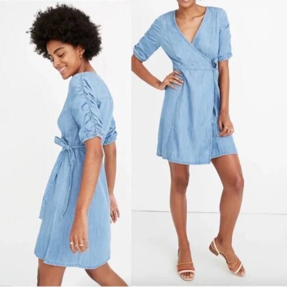 Madewell Denim Shirred-Sleeve Wrap Dress in Elsworth Wash - Picture 1 of 5